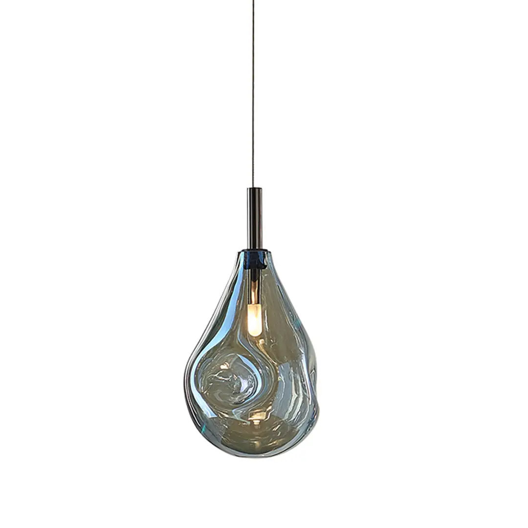 Modern teardrop-shaped pendant light with blue glass shade