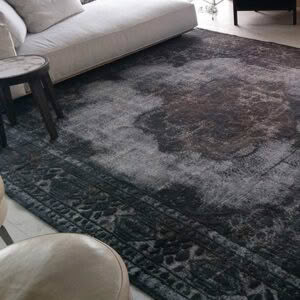 Elegant dark textured area rug in modern living room