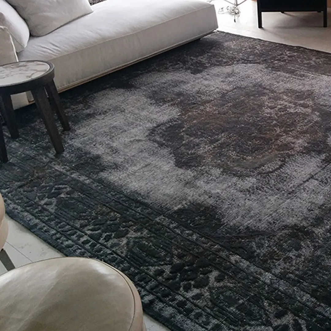 Elegant dark textured area rug in modern living room