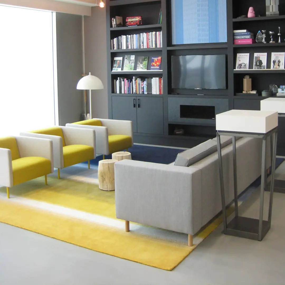 Modern living room with yellow and gray furniture