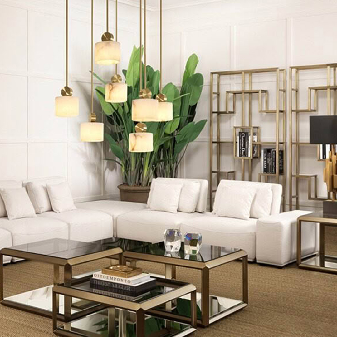 Elegant living room with modern white furniture and decor