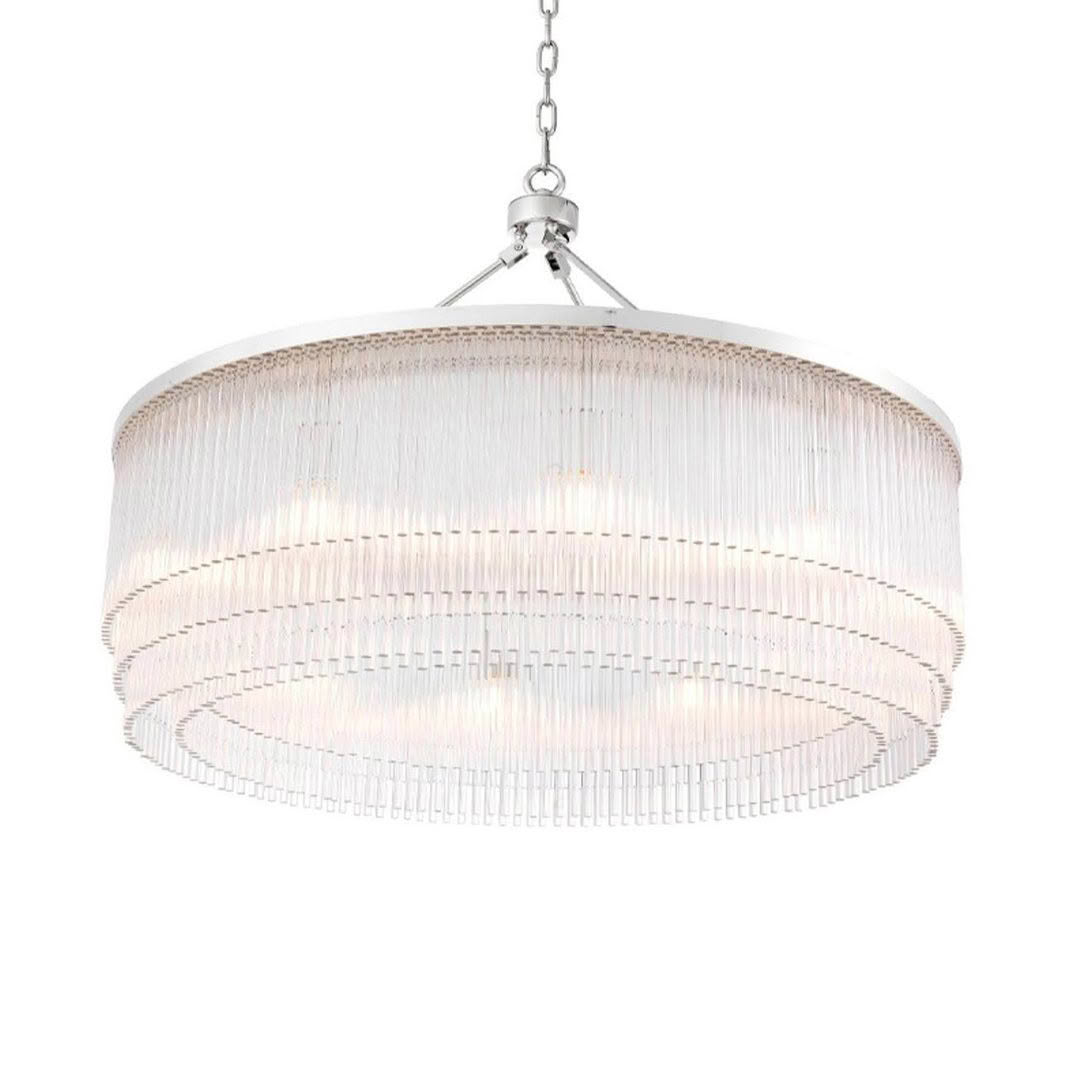 Circular ceiling-mounted chandelier with silver chain