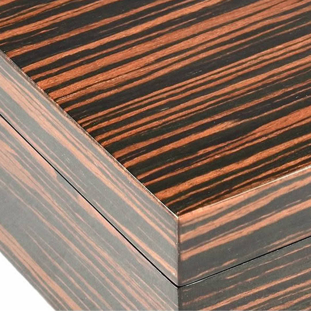 Close-up of striped wooden box corner