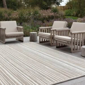 Outdoor seating arrangement with garden background