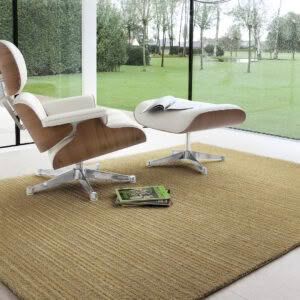 Modern chair and ottoman in stylish room with garden view