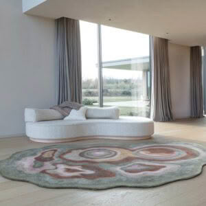 Modern living room with large windows and unique rug