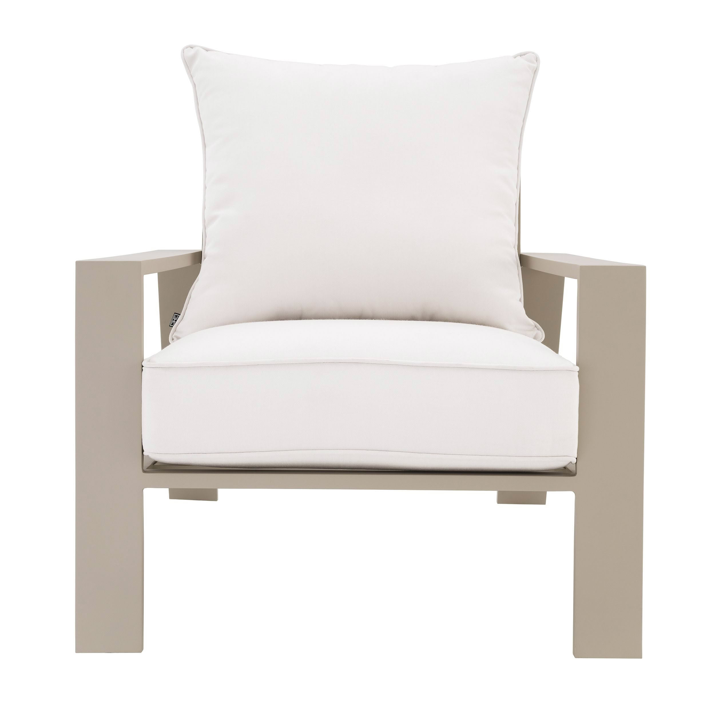 Modern white cushioned outdoor chair with grey frame