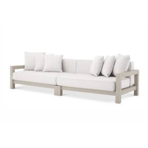 Modern beige outdoor sofa with white cushions