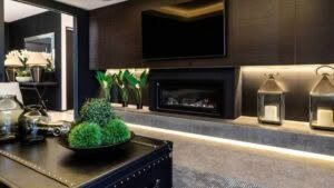 Stylish modern living room with elegant fireplace