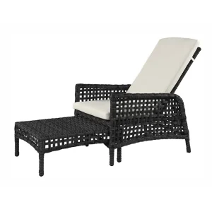 Black wicker outdoor lounge chair with white cushion