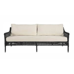 Black wicker sofa with beige cushions