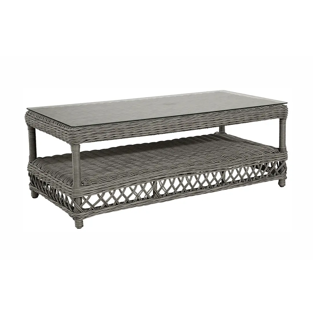 Gray wicker coffee table with lower shelf