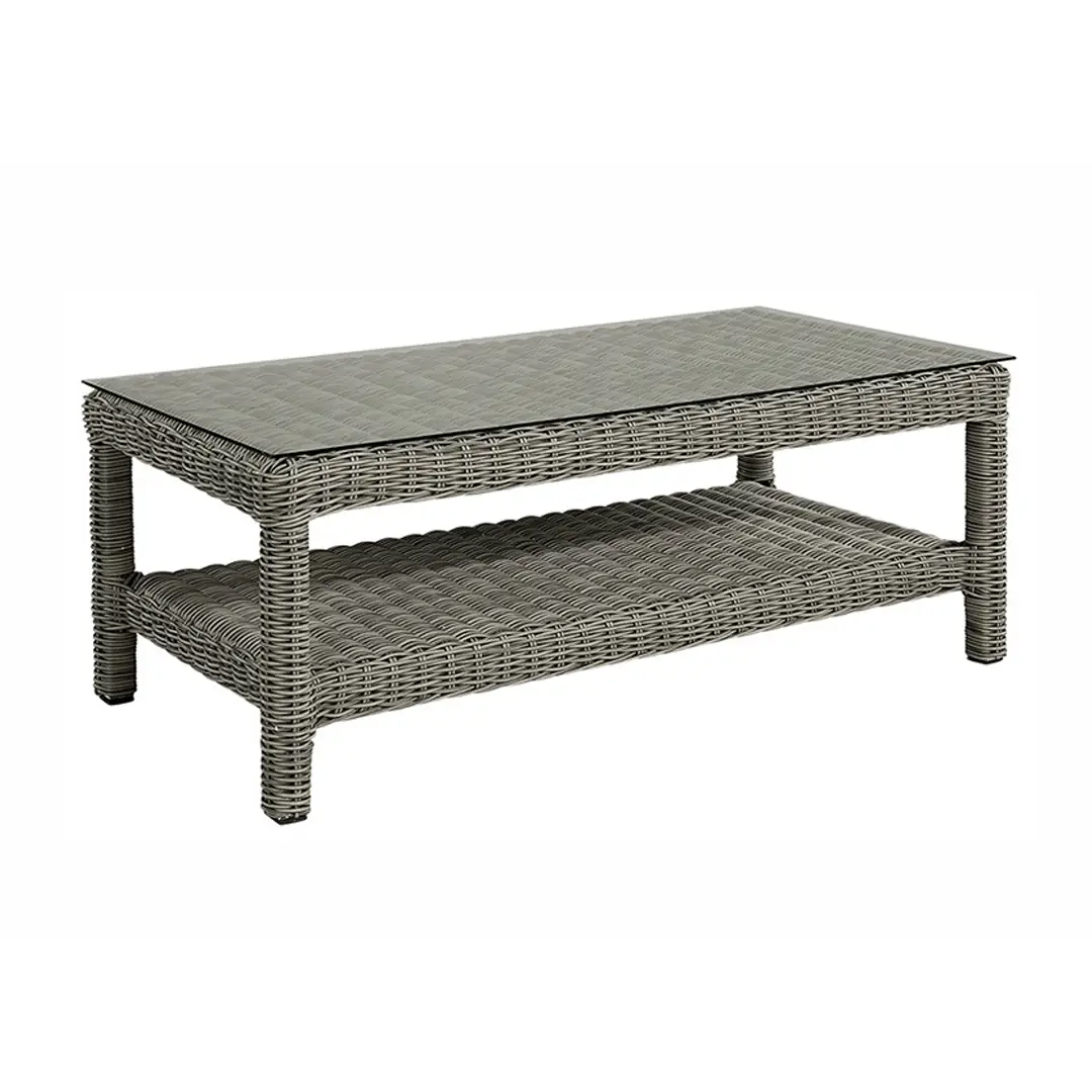 Gray wicker coffee table with lower shelf