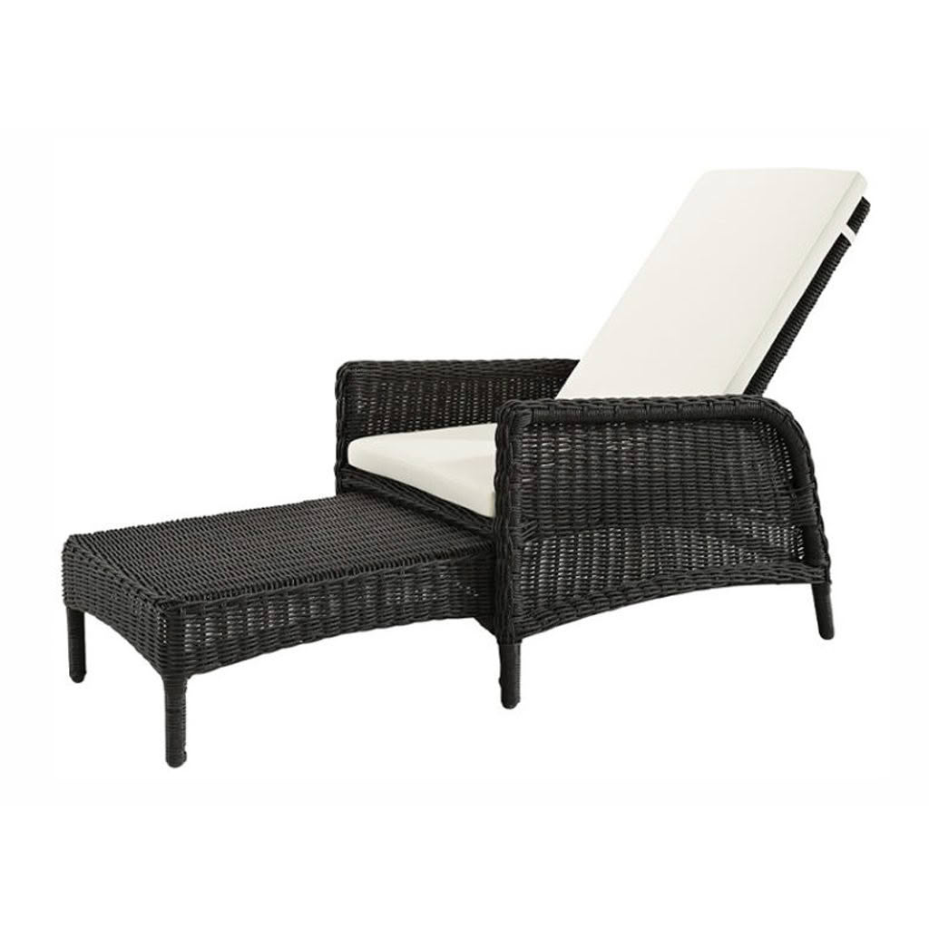 Black wicker outdoor recliner with white cushion