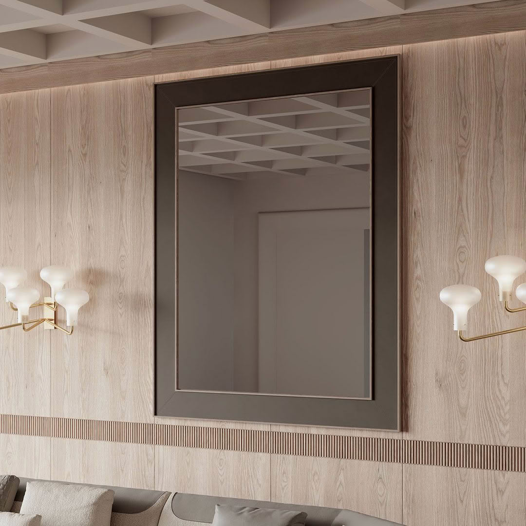 Modern wooden wall with elegant mirror and sconce lights