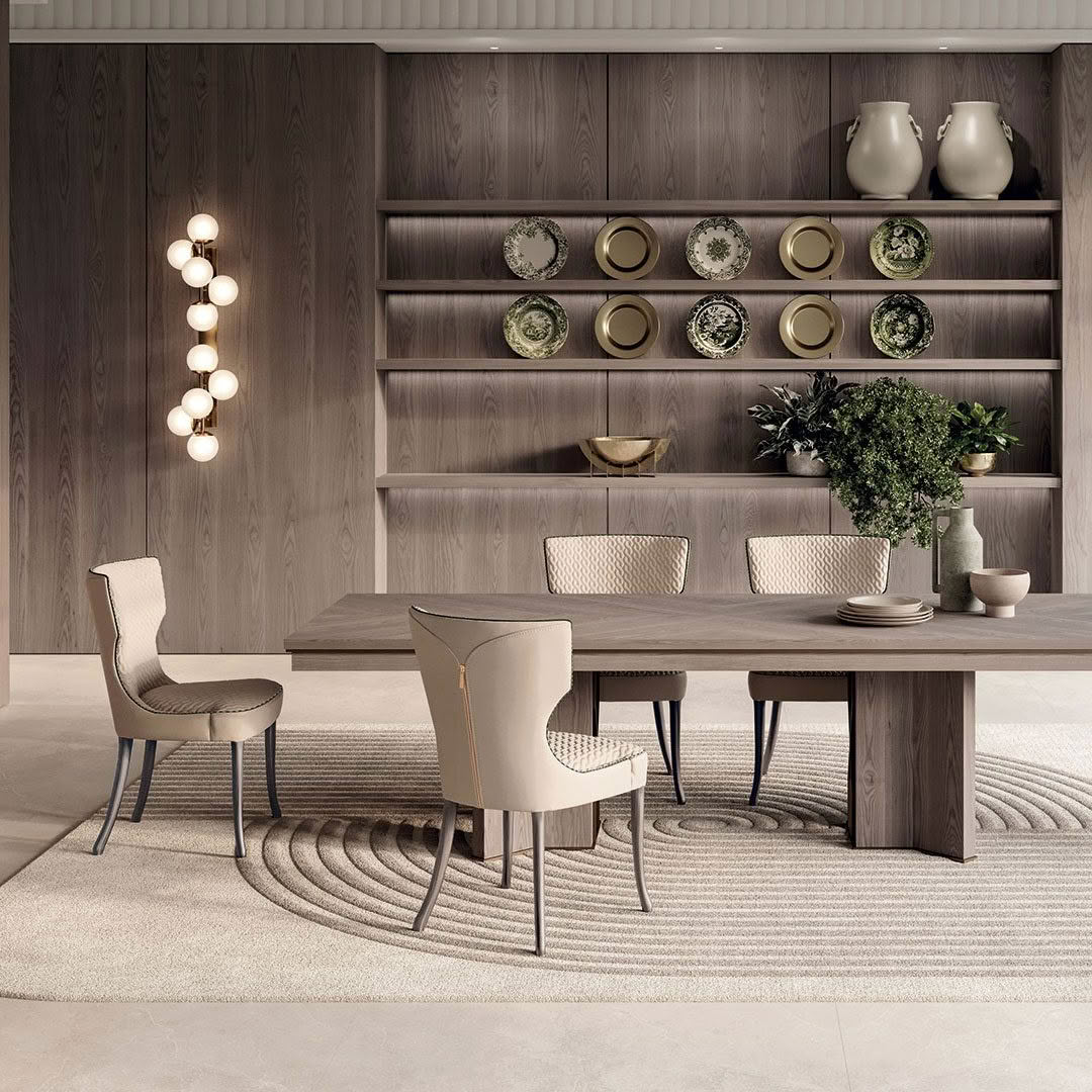 Elegant dining room with modern wooden furniture and decor