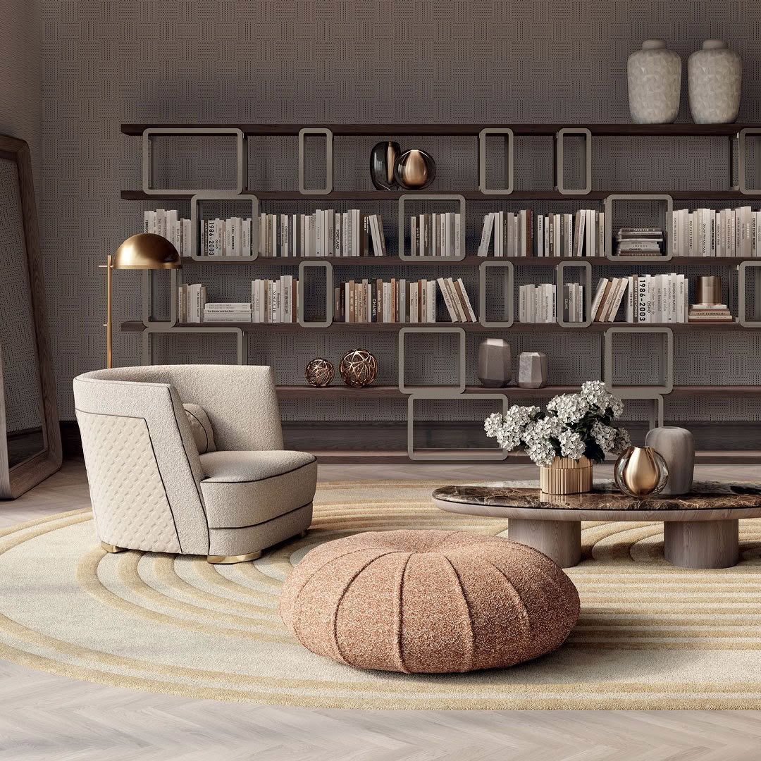 Elegant living room interior with modern furniture and shelves