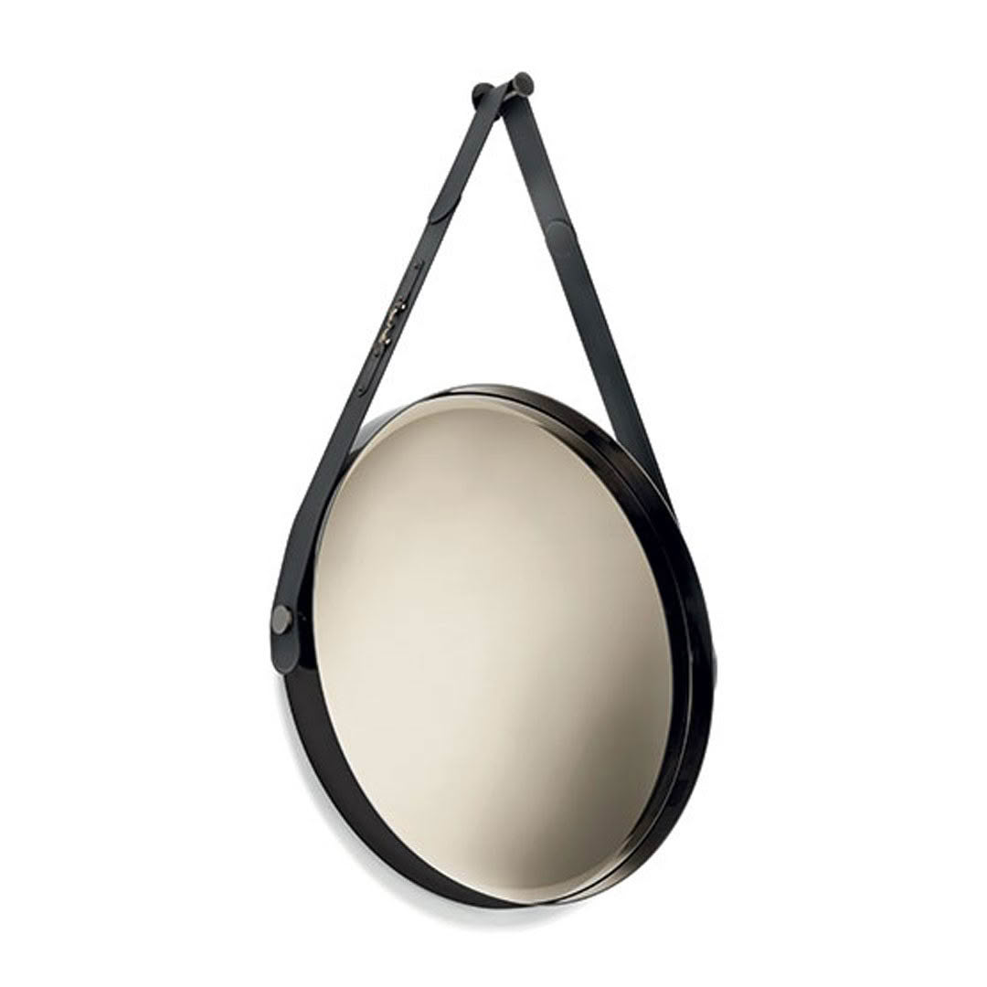 Round black hanging mirror on white background
