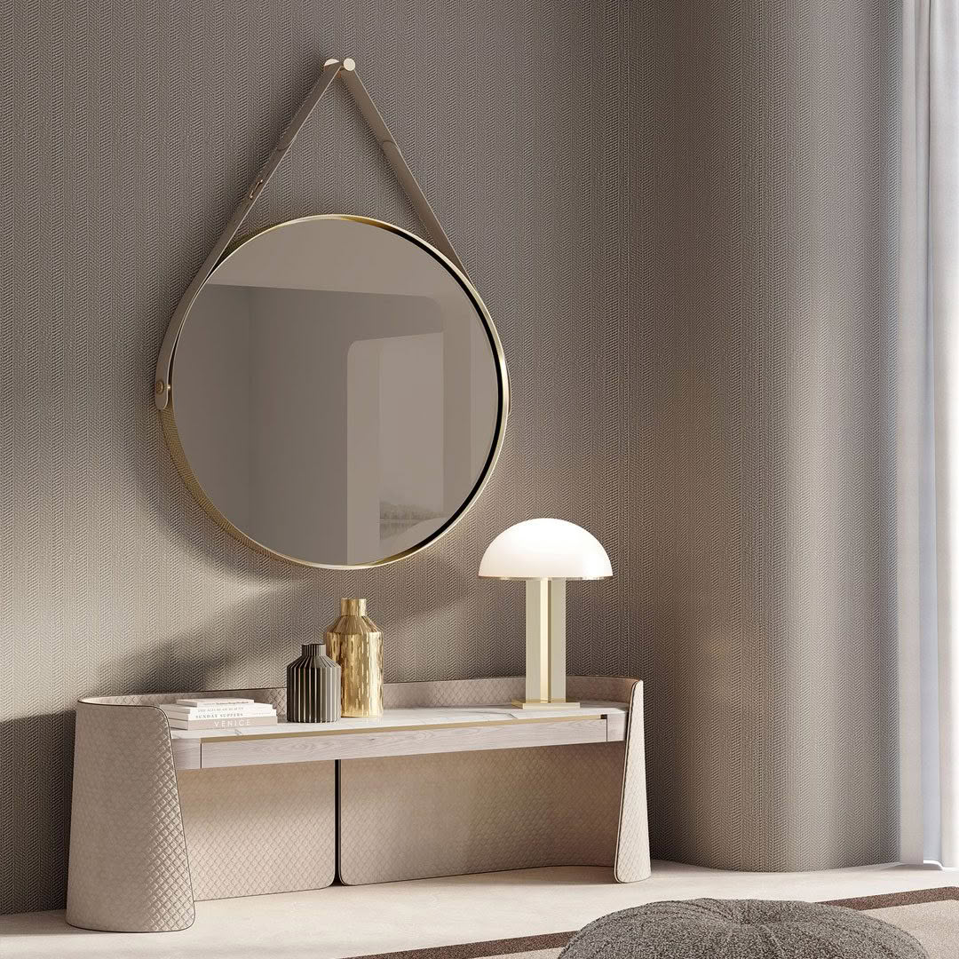 Elegant modern console with mirror and lamp in room