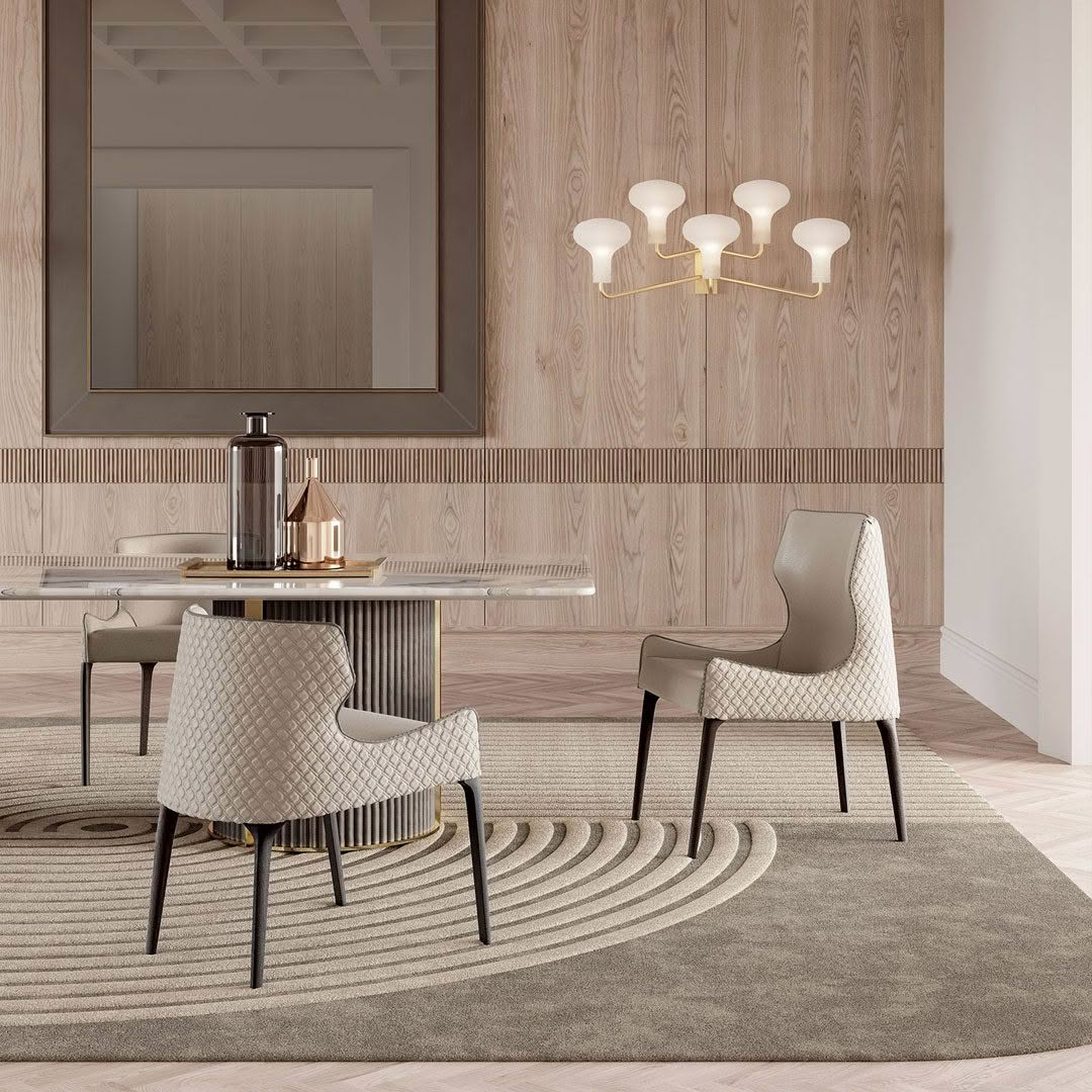 Elegant modern dining room with wooden walls and decor