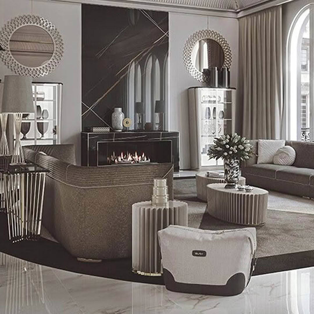 Elegant modern living room with sleek fireplace and decor