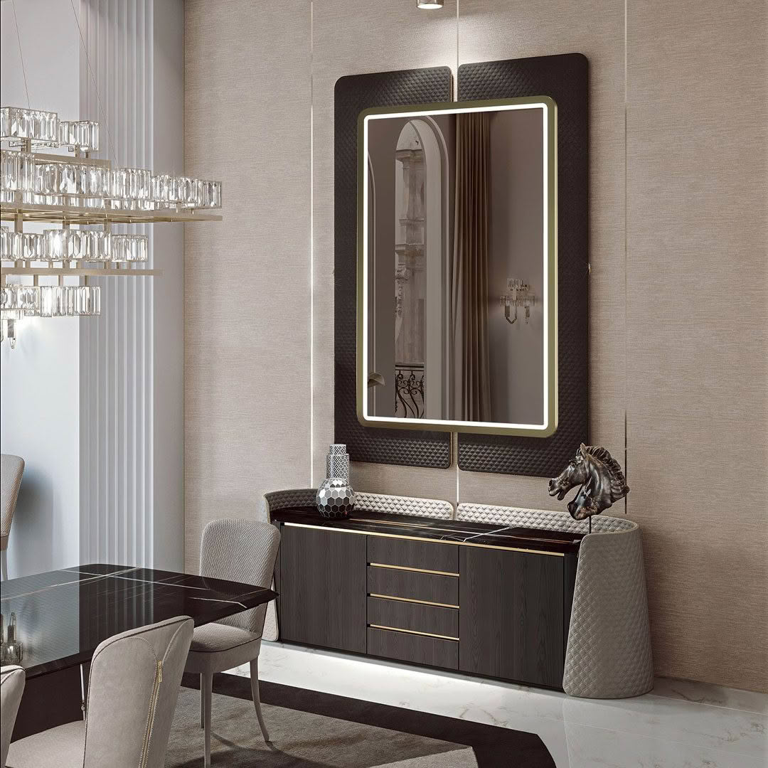 Elegant dining room with mirror and crystal chandelier