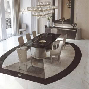 Luxurious dining room with elegant chandelier and modern table