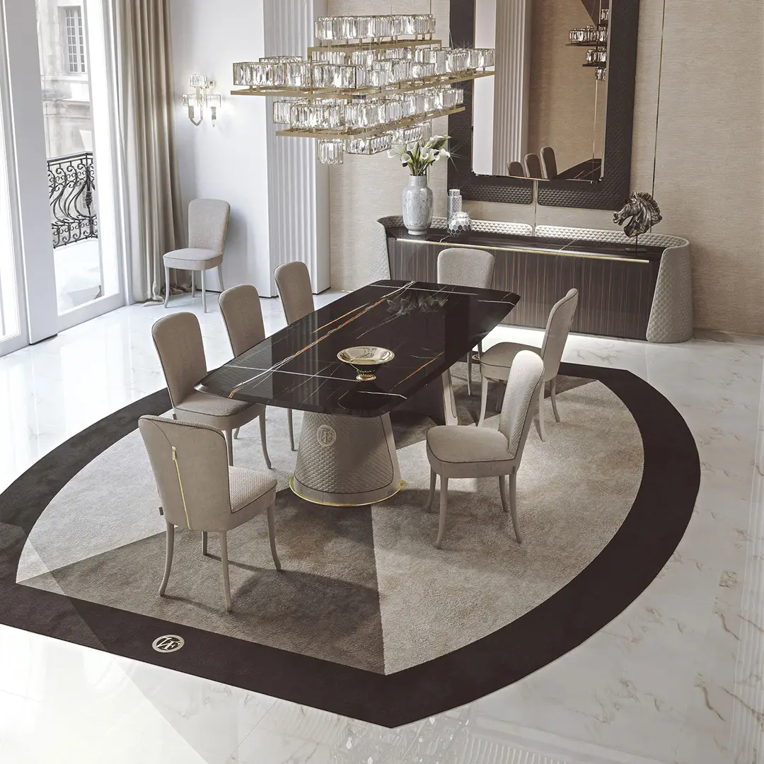 Luxurious dining room with elegant chandelier and modern table