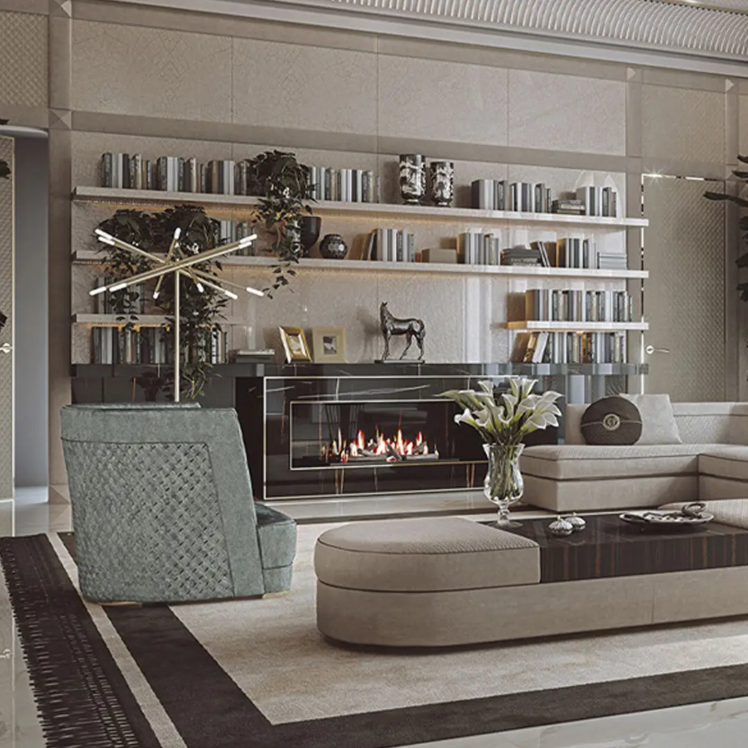 PISANI-CARPET-1 Modern living room with fireplace and stylish décor