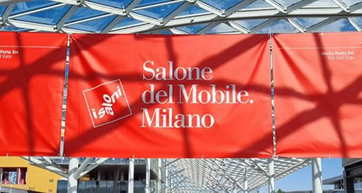 Salone del Mobile Milano banner under sunny sky