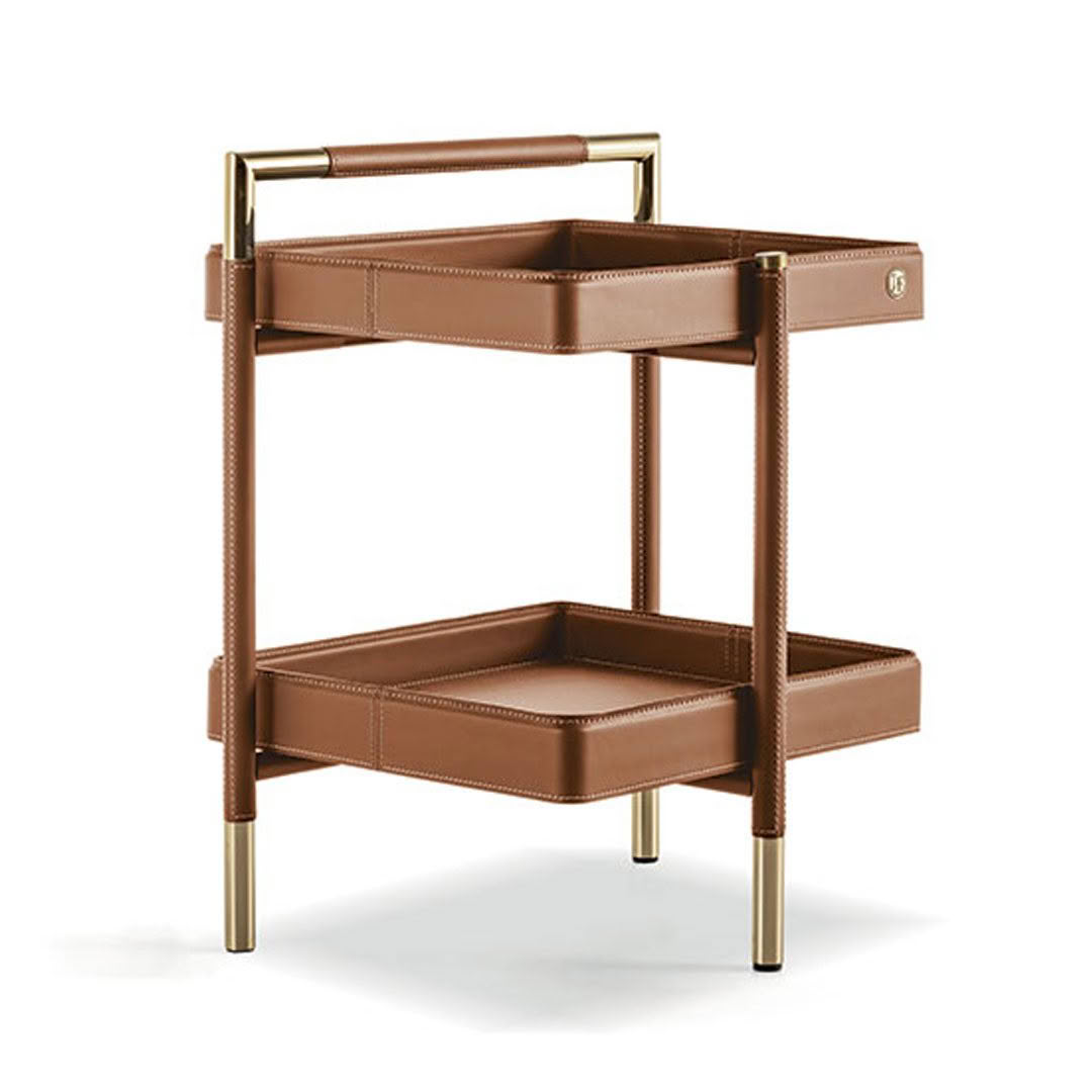 Elegant brown leather two-tiered serving cart