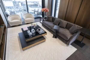 Modern living room interior with city view