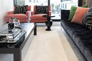 Elegant living room with modern furniture and city view