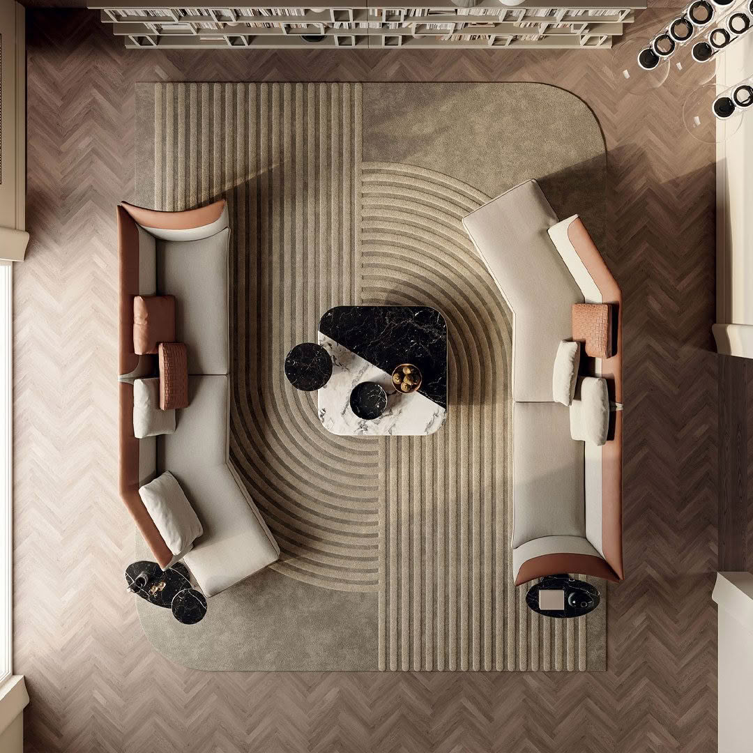 Luxurious room with stylish furniture and geometric rug design