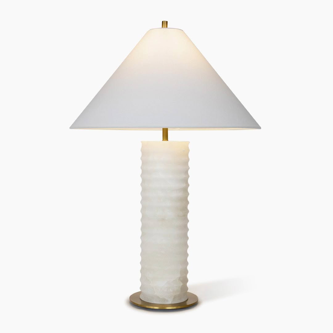 Elegant white lamp with triangular shade and ribbed base