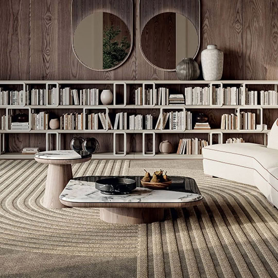 Elegant living room with bookshelves and modern furniture