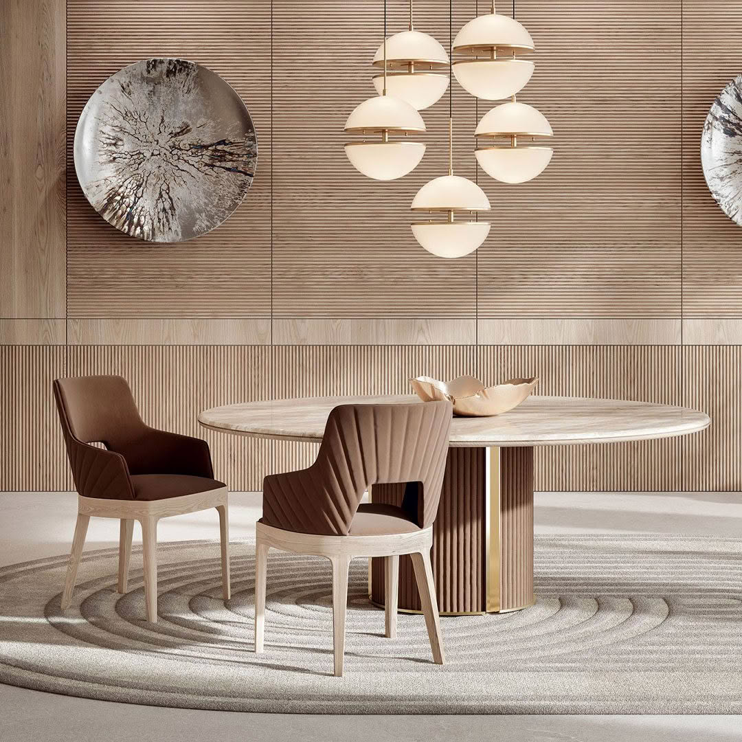 Modern dining room with stylish round table and chairs