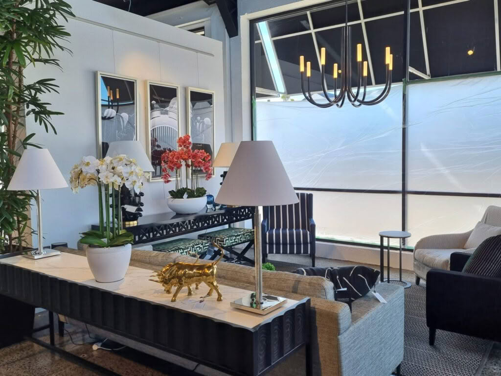 Elegant interior design with modern furnishings and floral decor