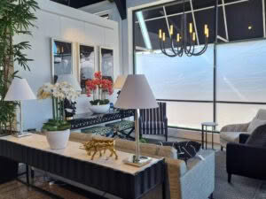 Elegant interior design with modern furnishings and floral decor