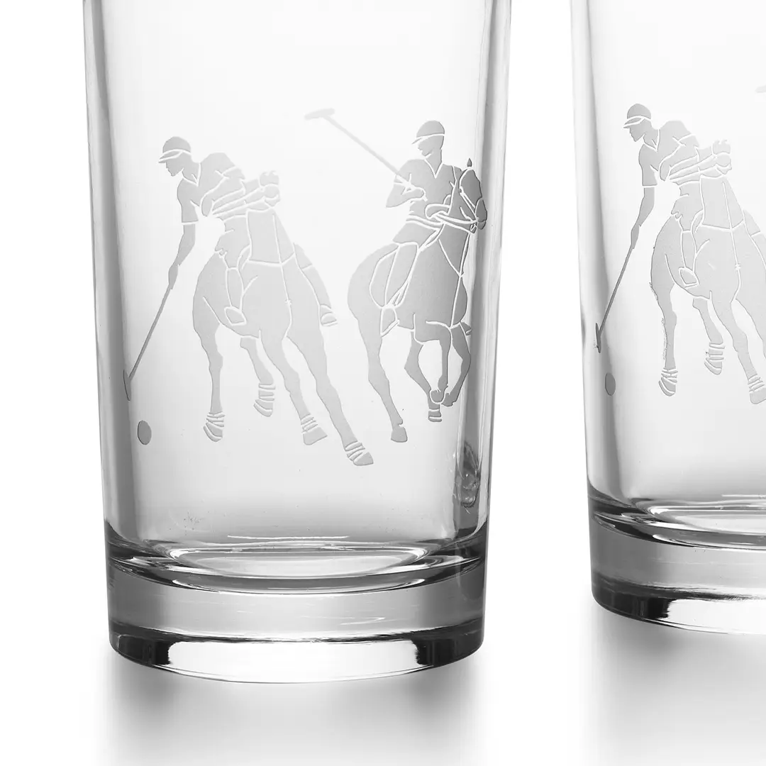 Etched polo players on clear glass tumblers