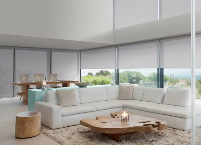 Modern living room with ocean view and sectional sofa
