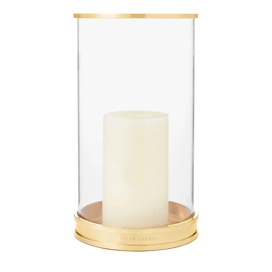 Gold lantern with white candle inside, Ralph Lauren
