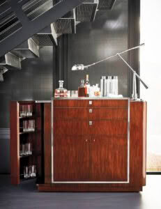 Elegant wood bar cabinet with open shelves and drinks