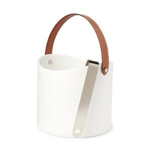 White modern bucket-style handbag with brown strap