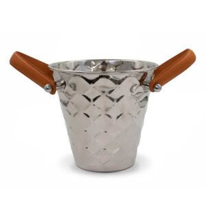 Silver ice bucket with brown leather handles