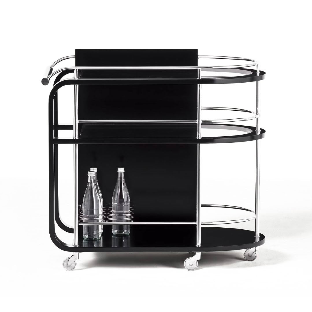 Modern black bar cart with chrome accents and wheels