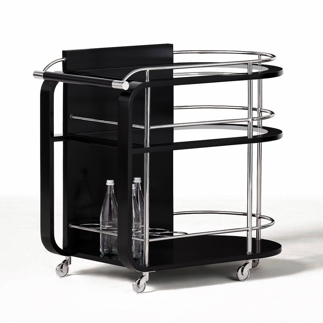 Modern black bar cart with chrome accents and wheels