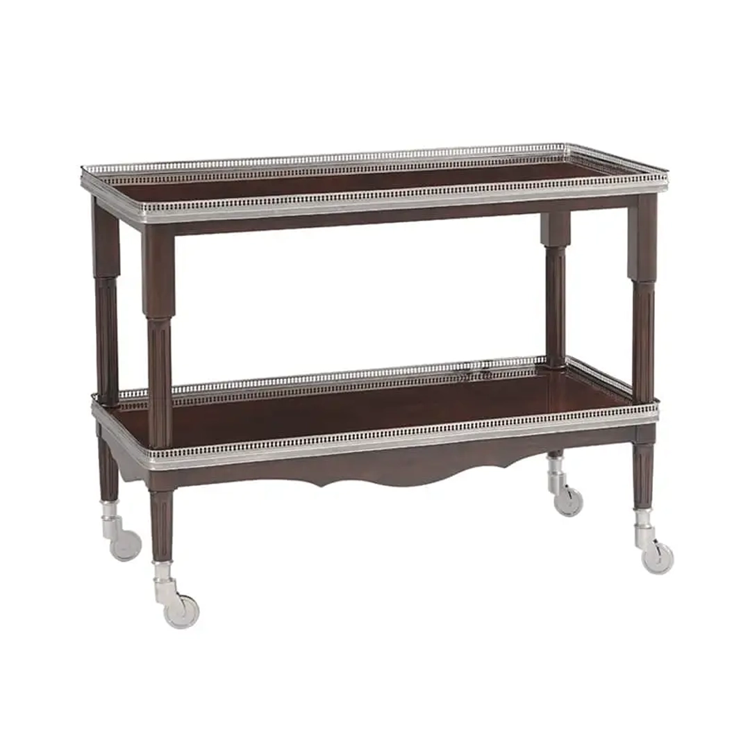 Elegant brown wooden serving cart with wheels