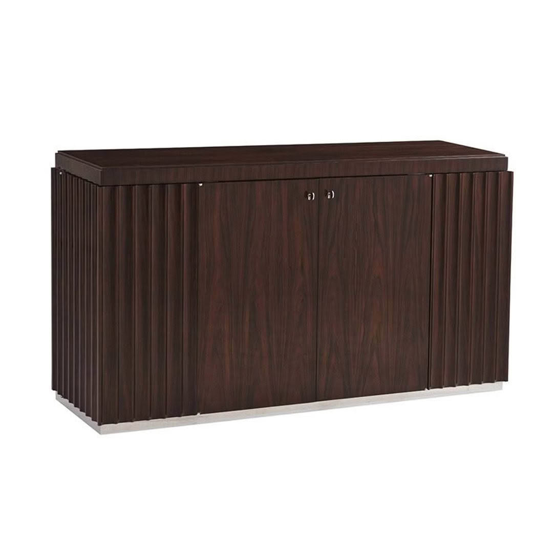 Dark brown wooden credenza with vertical slats