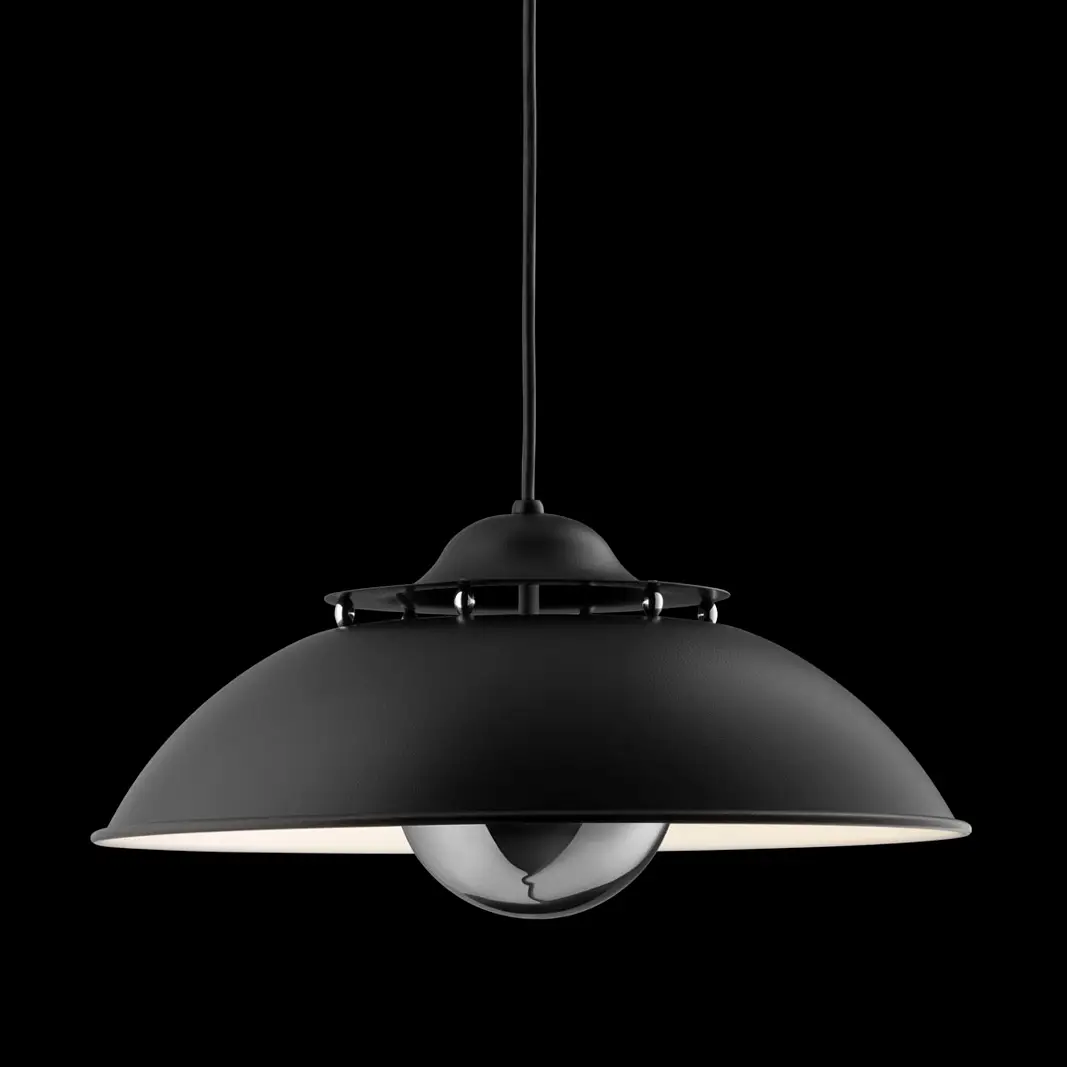 Black modern pendant light hanging on black background